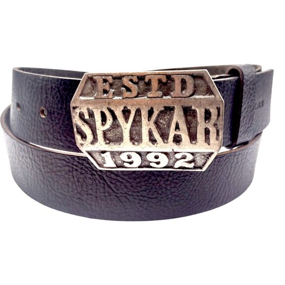 Vintage 1992 Spykar Leather Belt Black Silver Buckle Mens Size XL 1.5" Wide 45"L - Picture 1 of 15